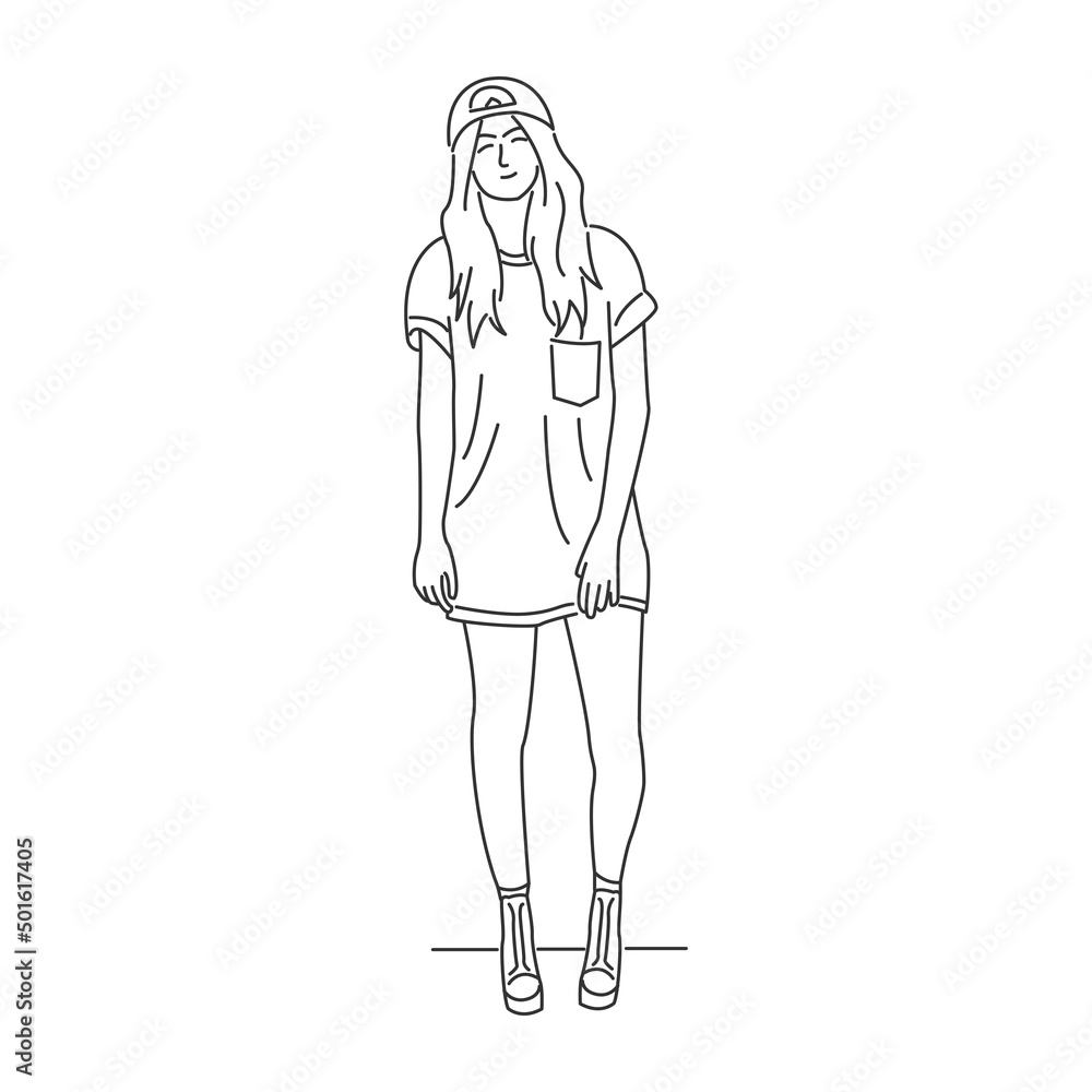 Young girl in casual clothes standing and smiling. Minimal cartoon style Young girl in casual clothes standing and smiling. Minimal cartoon style