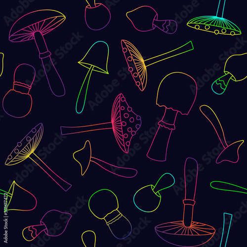 seamless pattern with glowing mushrooms on a dark background. vector illustration. poisonous inedible mushrooms.