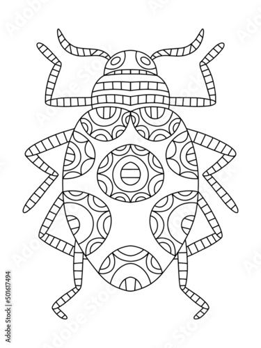 Hand-drawn decorative beetle coloring page for adults vector illustration. Funny ornamental bug black outline white isolated. Cartoon insect linear zen art. Prefect for print on t-shirts, bags, more