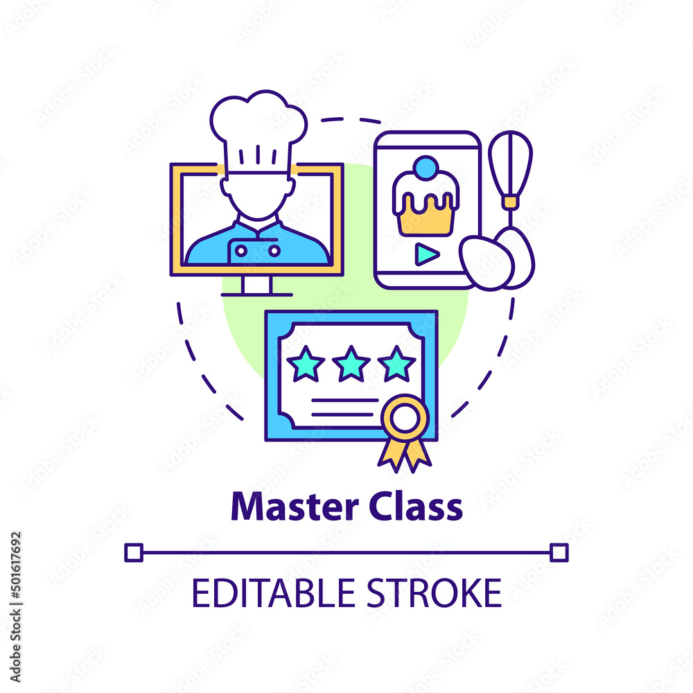 Master class concept icon. Internet courses for students. Online education trend abstract idea thin line illustration. Isolated outline drawing. Editable stroke. Arial, Myriad Pro-Bold fonts use Master class concept icon. Internet courses for students. Online education trend abstract idea thin line illustration. Isolated outline drawing. Editable stroke. Arial, Myriad Pro-Bold fonts use