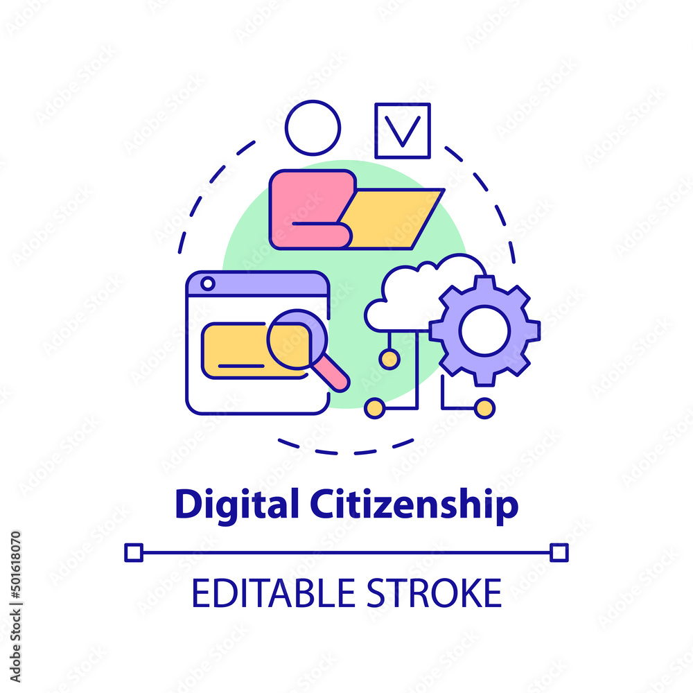 Digital citizenship concept icon. Access to online learning resources. Education trend abstract idea thin line illustration. Isolated outline drawing. Editable stroke. Arial, Myriad Pro-Bold fonts use Digital citizenship concept icon. Access to online learning resources. Education trend abstract idea thin line illustration. Isolated outline drawing. Editable stroke. Arial, Myriad Pro-Bold fonts use