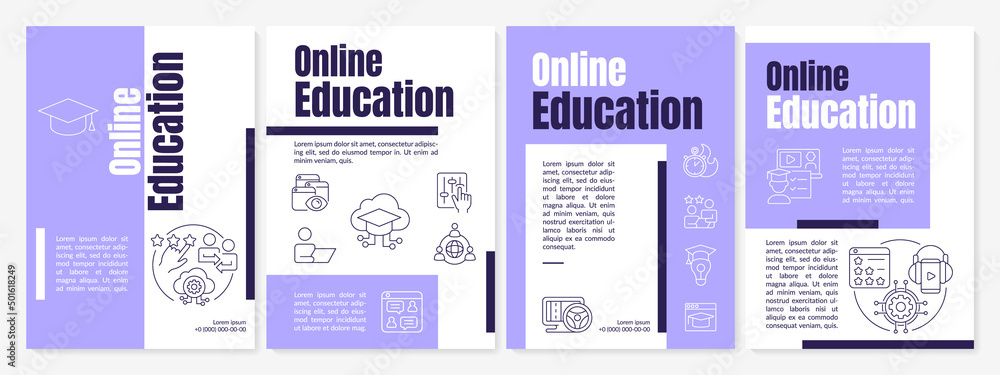 Online education purple brochure template. Learning trend and remote class. Leaflet design with linear icons. 4 vector layouts for presentation, annual reports. Anton, Lato-Regular fonts used