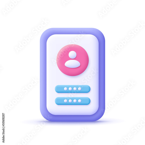 Account login and password form on smartphone app. User authorization, login authentication page, sign up concept. 3d vector icon. Cartoon minimal style.