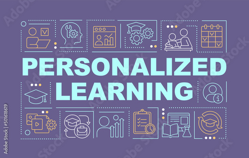 Personalized learning word concepts dark purple banner. Individual program. Infographics with icons on color background. Isolated typography. Vector illustration with text. Arial-Black font used