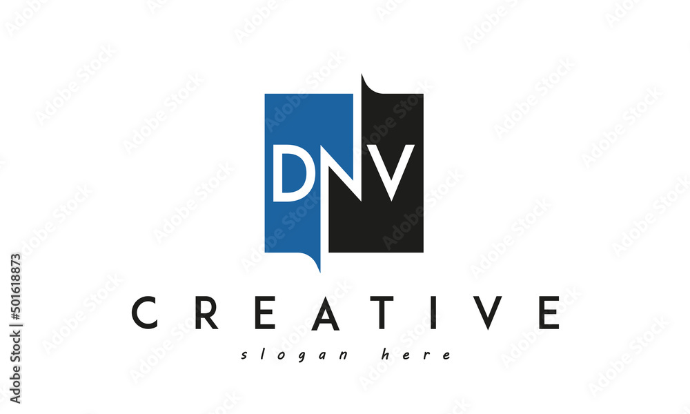 DNV Square Framed Letter Logo Design Vector with Black and Blue Colors DNV Square Framed Letter Logo Design Vector with Black and Blue Colors