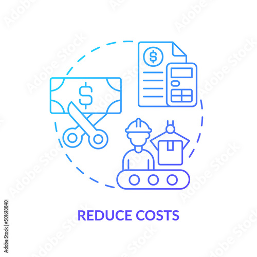 Reduce costs blue gradient icon. Production principle. Machine industry. Purpose of lean manufacturing abstract idea thin line illustration. Isolated outline drawing. Myriad Pro-Bold font used