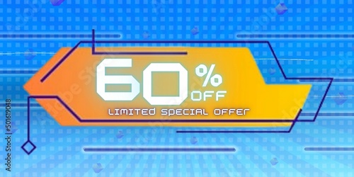 60% off limited special offer. Banner with sixty percent discount on a blue background with yellon square and blue photo