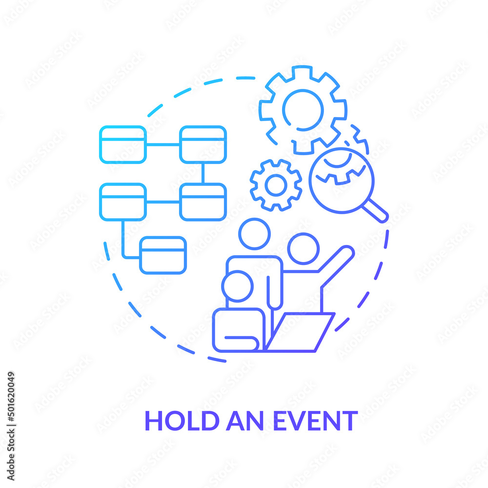 Hold event blue gradient icon. Team project. Machine industry. Value stream mapping best practice abstract idea thin line illustration. Isolated outline drawing. Myriad Pro-Bold font used Hold event blue gradient icon. Team project. Machine industry. Value stream mapping best practice abstract idea thin line illustration. Isolated outline drawing. Myriad Pro-Bold font used