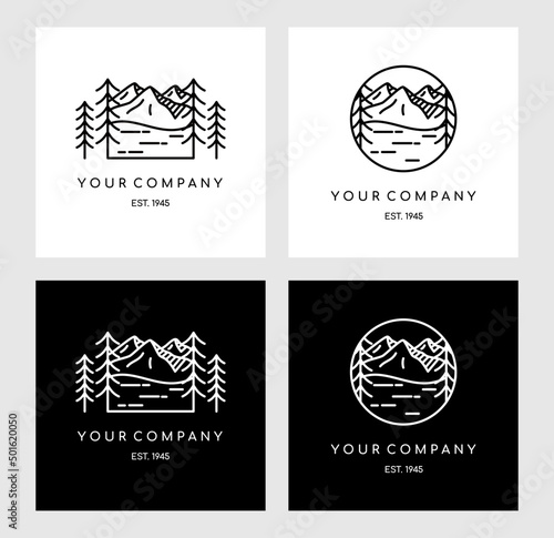 Vintage linear travel patch badge design. Camping line art label concept. Wild camping on mountain, tree, and river expedition logo. Lumberjack logotype. Pin graphic illustration vector art t-shirt.