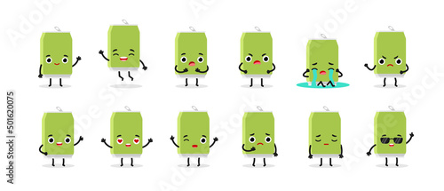 Funny cute happy green can of soda characters set.