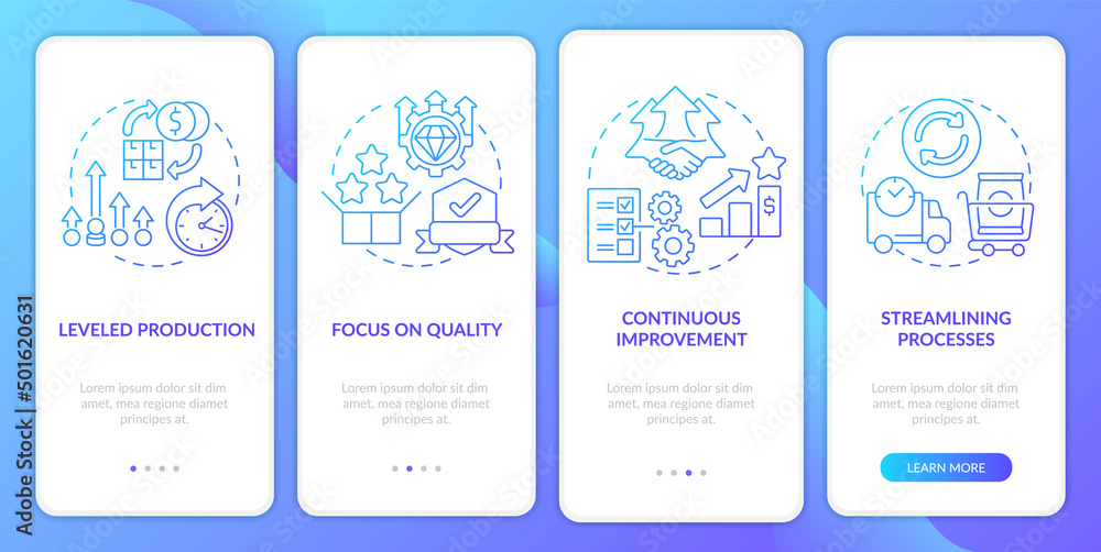 Lean production principles blue gradient onboarding mobile app screen. Walkthrough 4 steps graphic instructions pages with linear concepts. UI, UX, GUI template. Myriad Pro-Bold, Regular fonts used