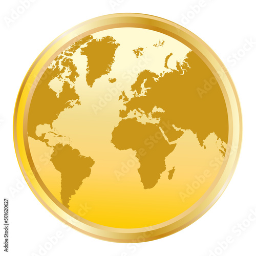 Shiny gold coin icon with the world map. 