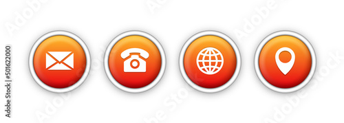 Icons for contacts on a website, business card, landing page, etc. 3d round buttons. Set isolated on white background. Vector clipart.