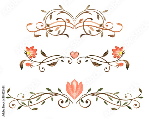 Set of elements on a white background. Decorative elegant curls, text separators. Vintage ornament made in watercolor.