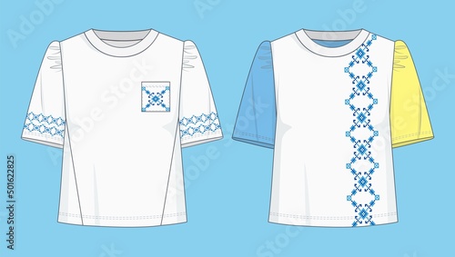 T-Shirt fashion design with Ethnic vector t shirt print. Ukrainian authentic ornament on apparel mock up. Women short  sleeve T-shirt, Vyshyvanka, creative folk embroidery fashion flat design.