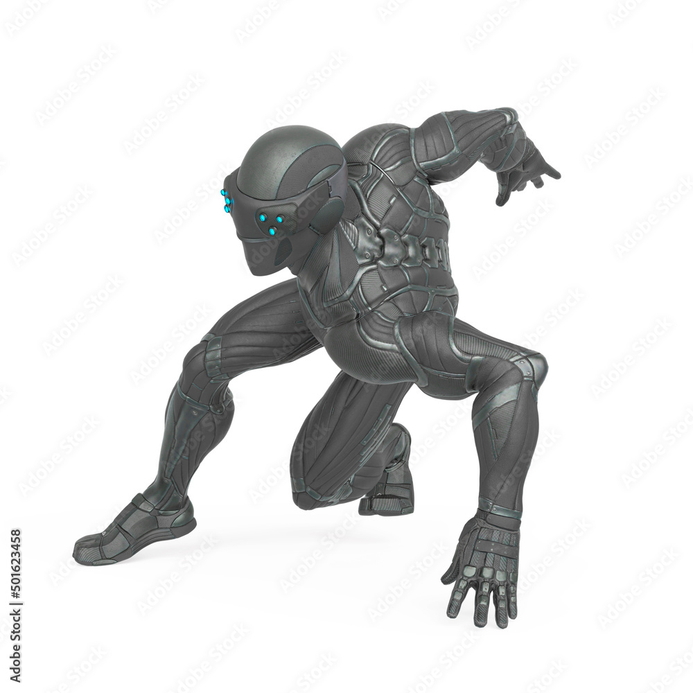 super hero is doing a dynamic comic pose in an exosuit