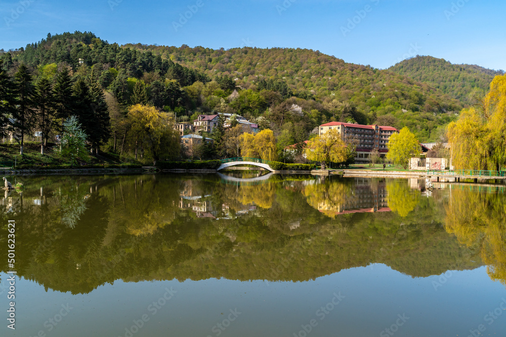 Fototapeta premium Small bridge cross over the small lake in Dilijan city park