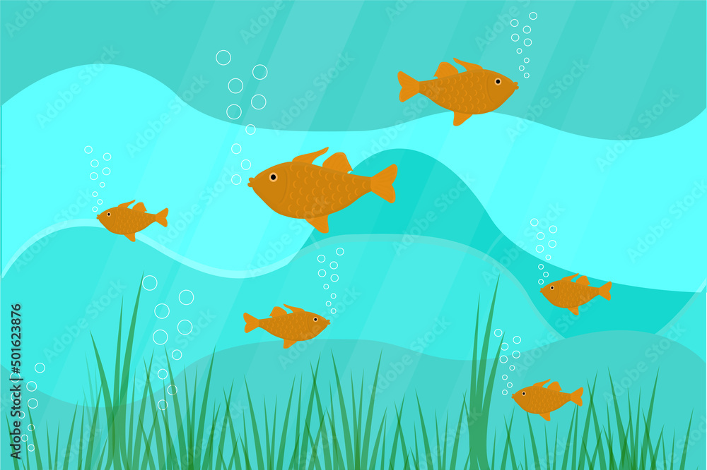 Naklejka premium a goldfish underwater and starfish with algae in sea ocean