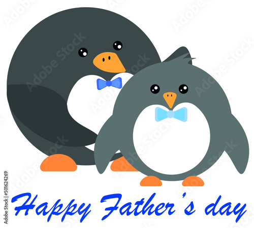 Father's Day icon. Happy Father's Day cartoon illustration. Cute Dad and son symbol: penguin with puppy. 