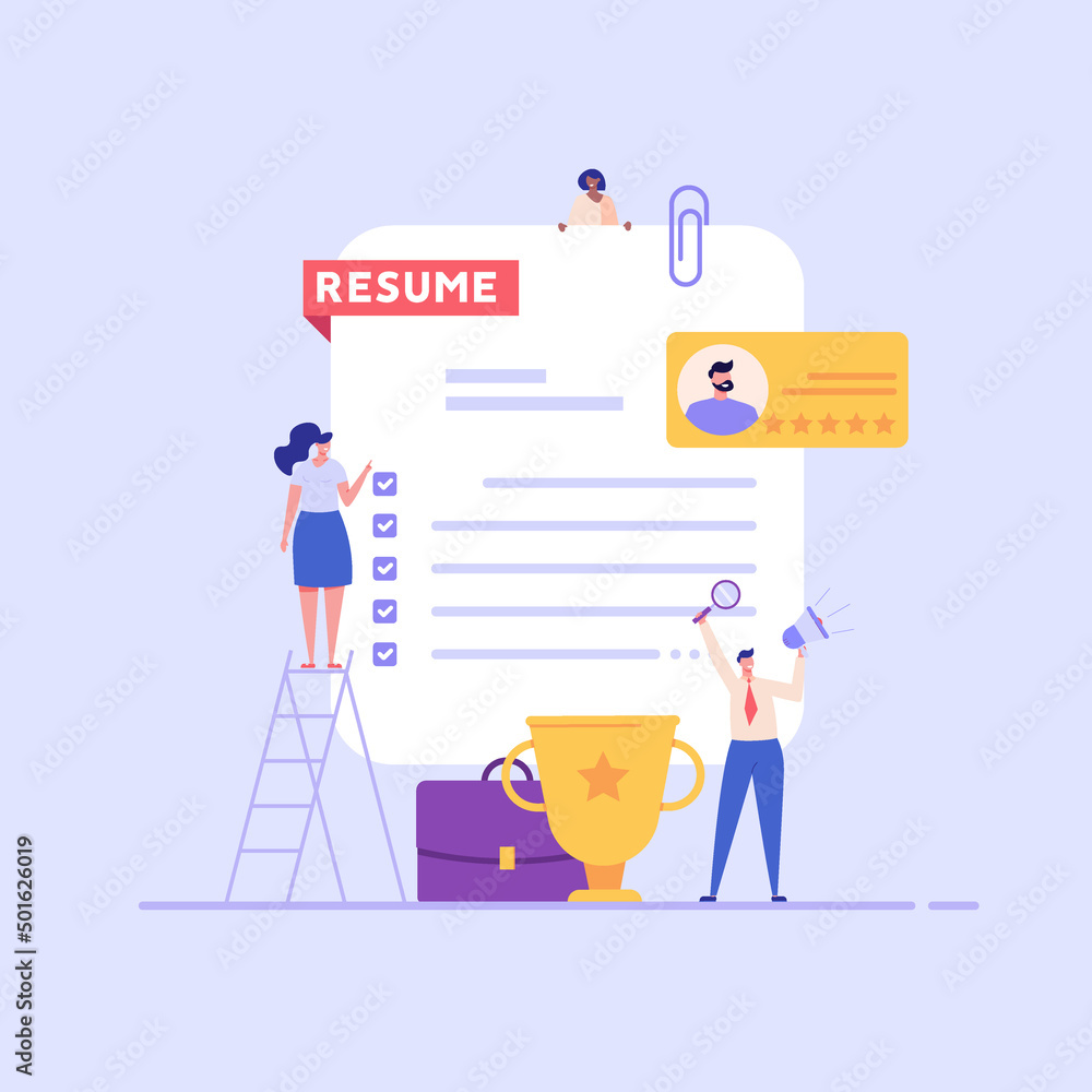 Concept of best resume, job search, employees hiring, search for job candidates. Employee searching job with cv portfolio. New team member in career start. Vector illustration in flat design