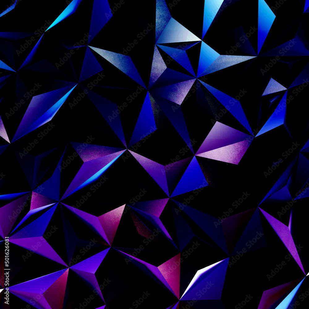 Abstract blue and purple low poly triangle geometric background. 3d rendering.	