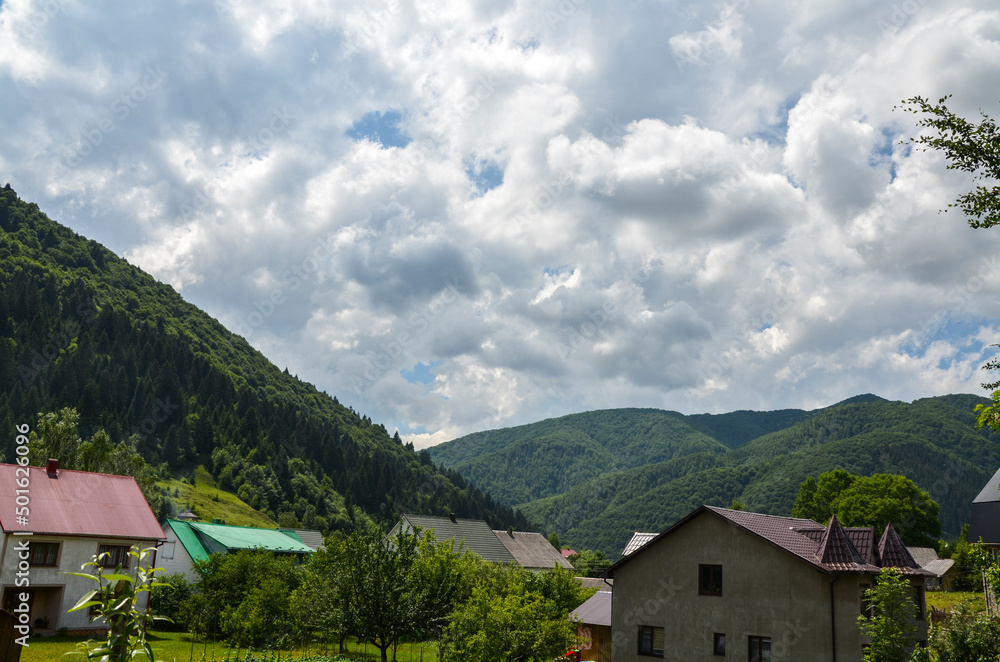 Picturesque landscape оf mountain village Kolochava with green grassy meadow, houses and mountains covered forest on a sunny summer day. Carpathians, Ukraine