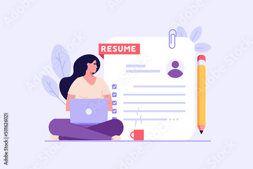 Concept of writing best resume, job search, employees hiring, search for job candidates. Employee writing cv file. New team member in career start. Vector illustration in flat design photo