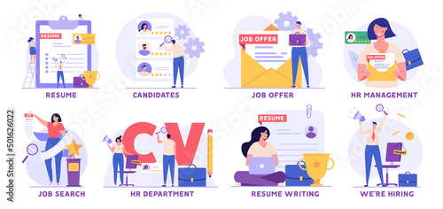 Set of best resume, recruitment search, job offer, writing resume. Recruitment process. People employees searching job, candidates receiving mail with job offer.  Vector illustration in flat design