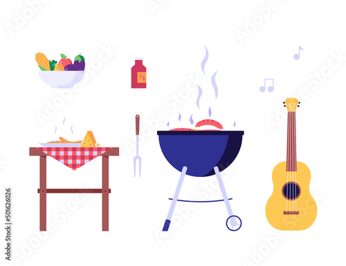 Barbecue party elements set. Items and instruments for picnic cooking a barbecue grill outdoors. Barbecue party banners at picnic on white background. Vector illustration.