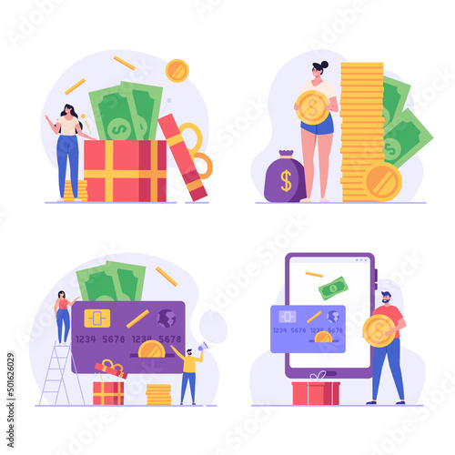 Set of pictures with people who receive cashback bonuses, benefit. Concept of cashback service, discount and loyalty card, customer service, online shopping, earn point. Vector illustration in flat