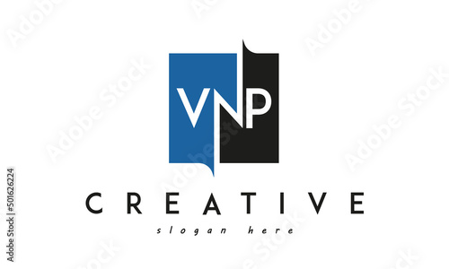 VNP Square Framed Letter Logo Design Vector with Black and Blue Colors photo