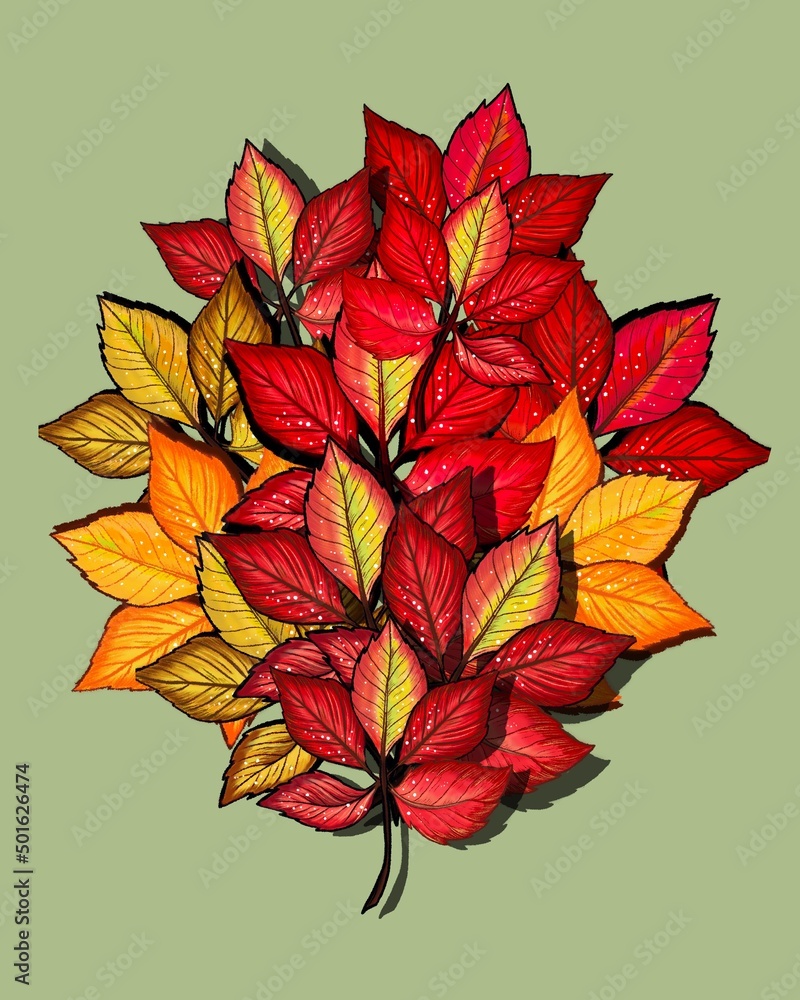Autumn composition bouquet of red and yellow leaves, Hand drawn, autumn illustration