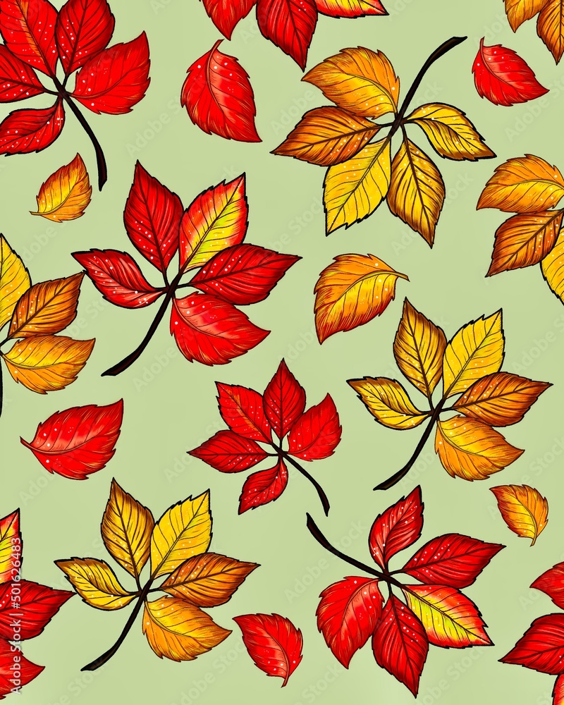 Autumn background with autumn leaves in red and yellow color, pattern, seamless texture. Hand drawn, autumn leaves  illustration