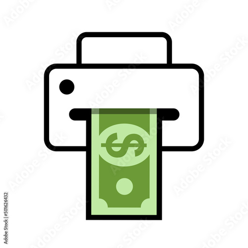 Money printing - bill is printed on printer - economic and financial inflation or counterfeit fake US dollar cash. Vector illustration isolated on white.