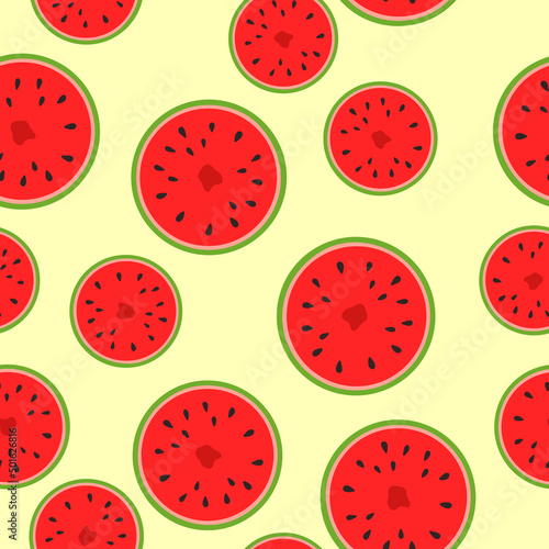 Watermelon slice seamless pattern. Summer fruit and berry background. Vector illustration for fabric design, gift paper, baby clothes, textiles, cards.