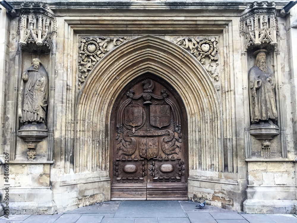 Entrance to Bath Abbey in Bath, Somerset, England. The 16th-century West Door of the 7th century Bath Abbey parish church and former Benedictine monastery in Bath, Somerset, England, United Kingdom