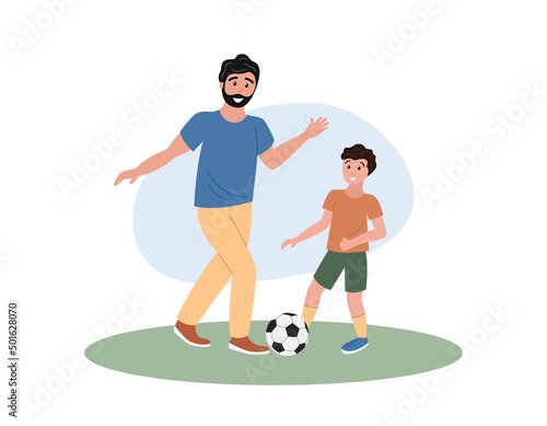 Father and son playing football. Dad, boy and soccer ball on grass. Family summer outdoor activities. Fathers day. Flat vector illustration