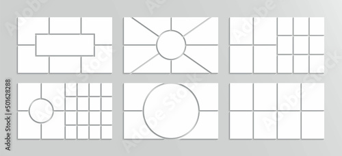 Moodboard template. Photo collage layout. Mood board grid. Mosaic pictures frame. Retro gallery banner. Album brandboard. Set of portfolio images. Scrapbook mockup background. Vector illustration