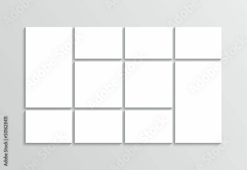 Photo album collage layout. Moodboard grid. Mosaic photo pictures. Frames images. Album banner. Mood board template. Gallery brandboard. Modern portfolio background. Vector illustration