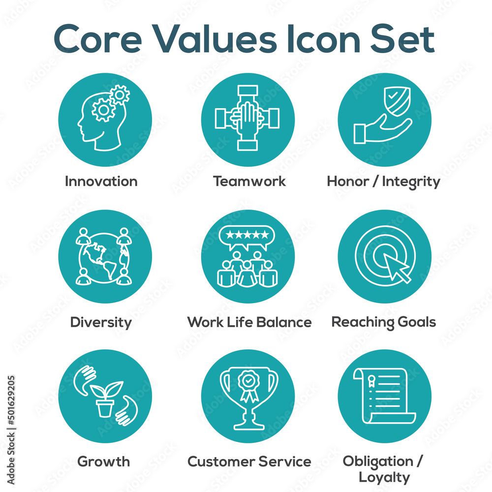 Fototapeta premium Core Values icon set with teamwork, work life balance with diversity