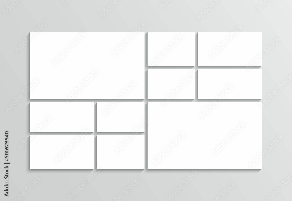 Moodboard collage layout. Photo template. Mood board grid. Mosaic pictures frame. Gallery banner. Album brandboard. Organised portfolio. White images isolated on gray background. Vector illustration Moodboard collage layout. Photo template. Mood board grid. Mosaic pictures frame. Gallery banner. Album brandboard. Organised portfolio. White images isolated on gray background. Vector illustration