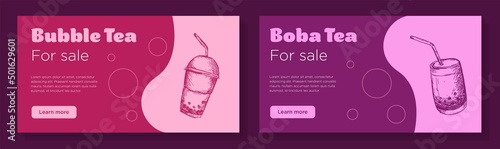 Bubble tea for sale online banner template set, boba tea drink shop advertisement, horizontal ad, delicious tea drinks bar campaign webpage, flyer, creative brochure, isolated on background