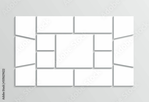 Album photo grid. Moodboard collage layout. Mood board template. Mosaic pictures frame. Gallery banner. Portfolio images. Abstract forms. Retro background. Vector illustration