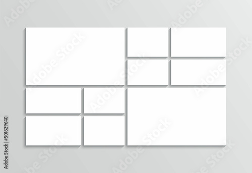 Moodboard collage layout. Photo template. Mood board grid. Mosaic pictures frame. Gallery banner. Album brandboard. Organised portfolio. White images isolated on gray background. Vector illustration