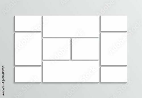 Photo collage template. Memory pictures frames. Moodboard background. Mood board. Mosaic gallery banner. Album brandboard. Minimalist scrapbook layout. Empty portfolio images. Vector illustration