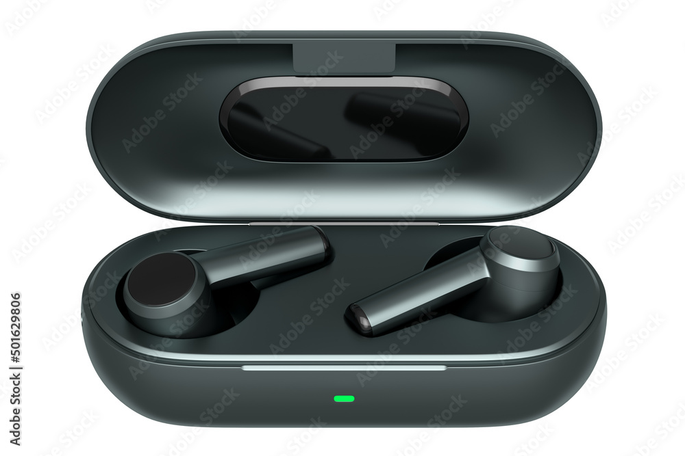 3D rendering of wireless earphones for workouts or listening streaming servicess 3D rendering of wireless earphones for workouts or listening streaming servicess