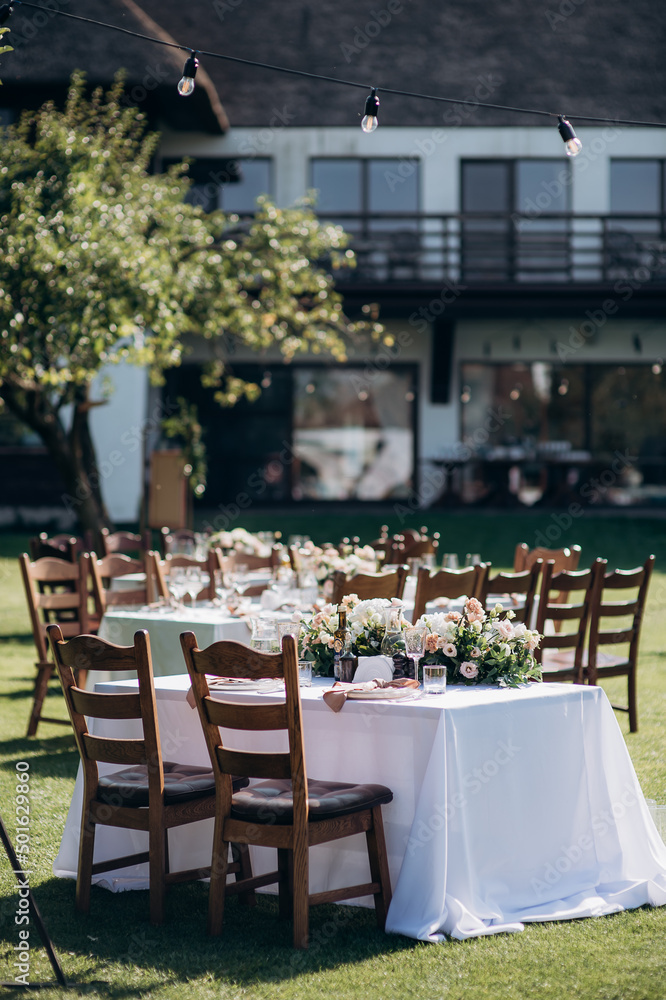 served banquet table with fresh dishes with food served banquet table with fresh dishes with food