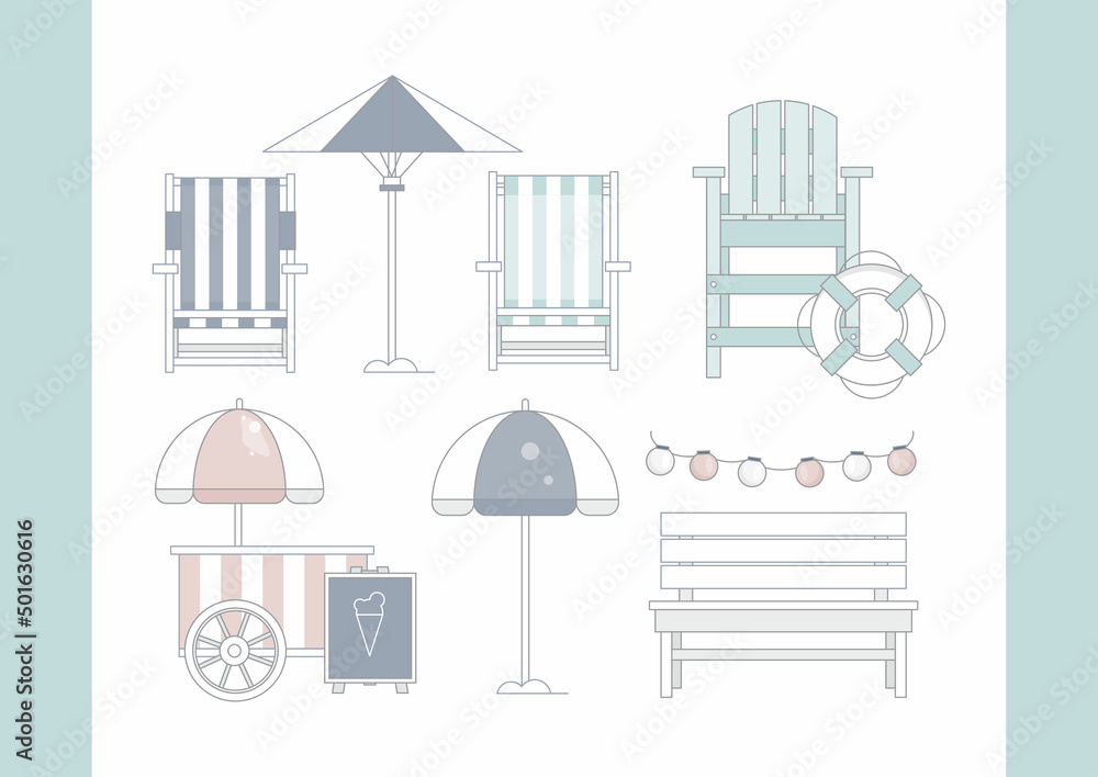 Naklejka premium Decor in the style of sea travel, anchor, lifebuoy, lantern.