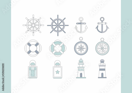 Decor in the style of sea travel, anchor, lifebuoy, lantern.