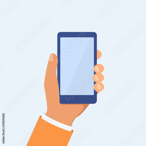 Hand holing smartphone in flat style. Phone in hand concept. Vector EPS10
